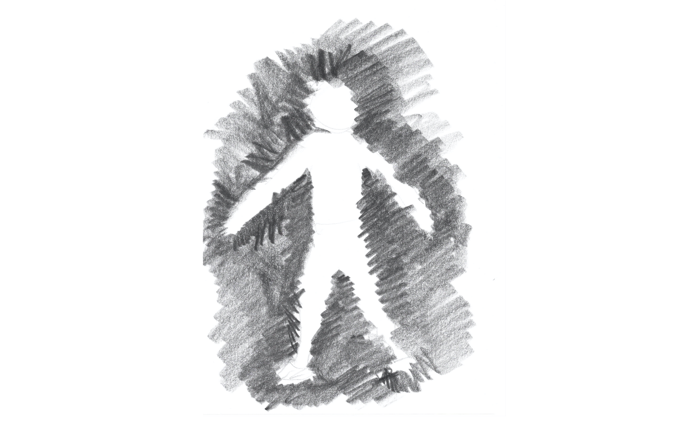 Pencil drawing of an illuminous, glowing person walking person.