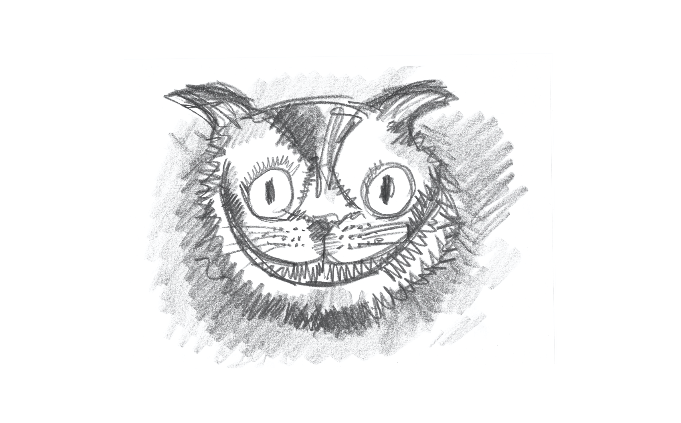 A pencil drawing of the Cheshire cat.